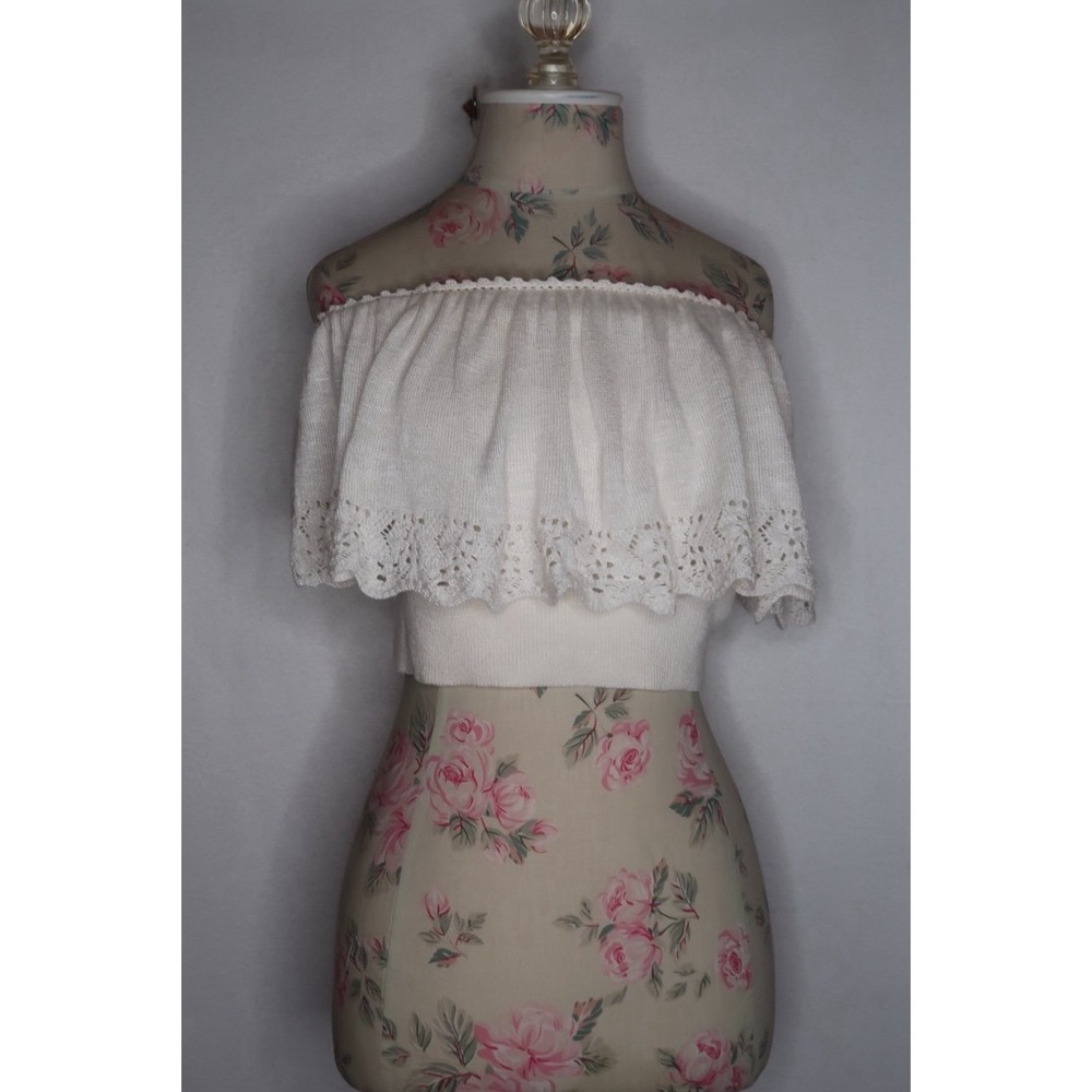 Anthropologie Womens S Ivory Off Shoulder Ruffle Crochet Knit Crop Sweater Top